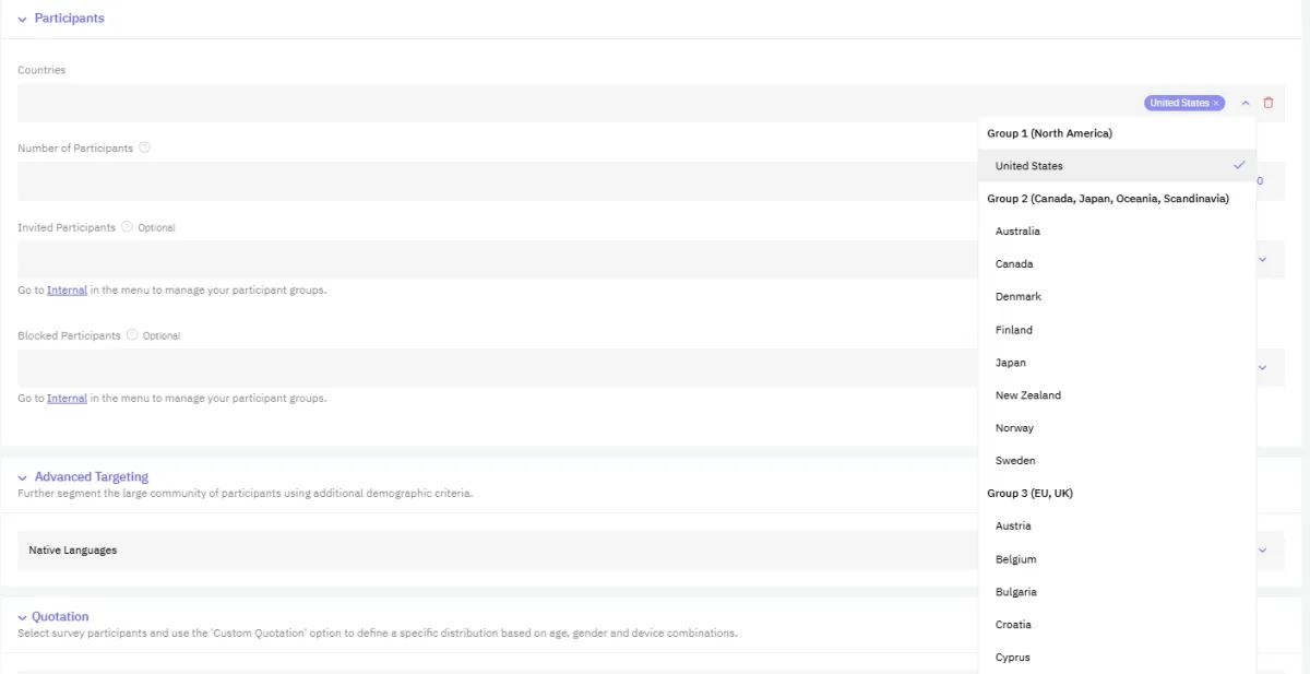 Survey participant selection dashboard of Resonio, one of the survey participant recruitment tools