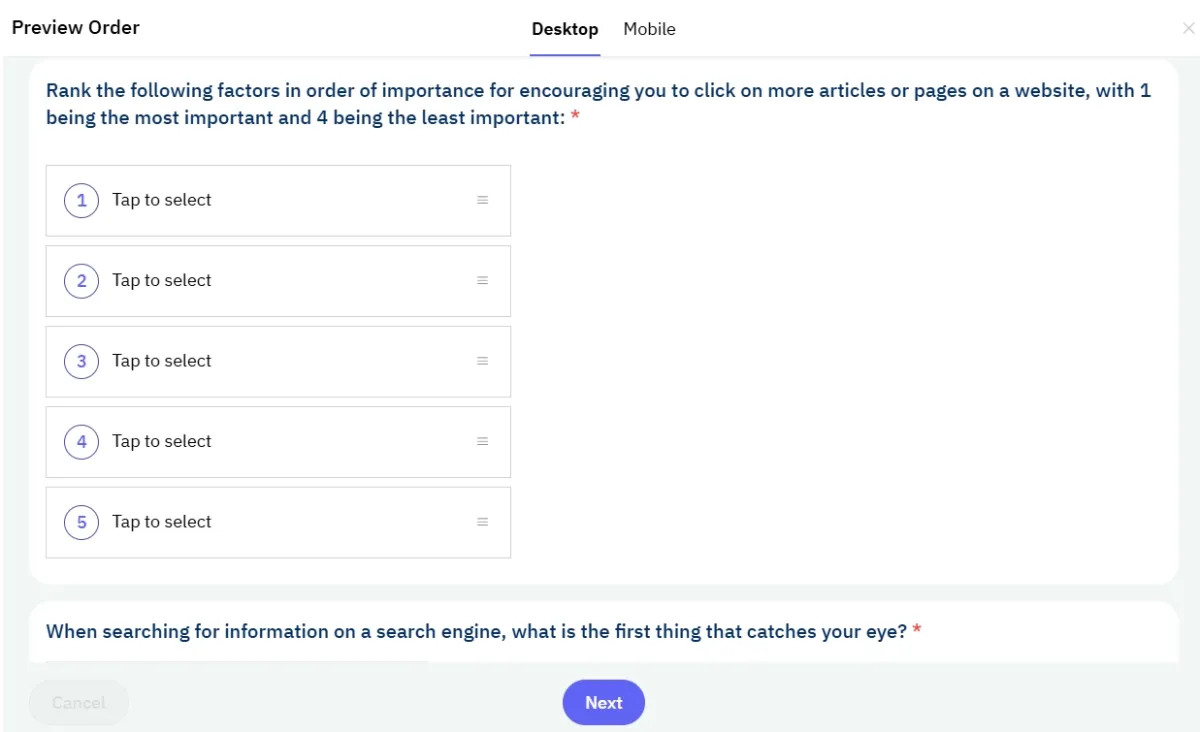 Example of prescreening questions of survey participant recruitment tools