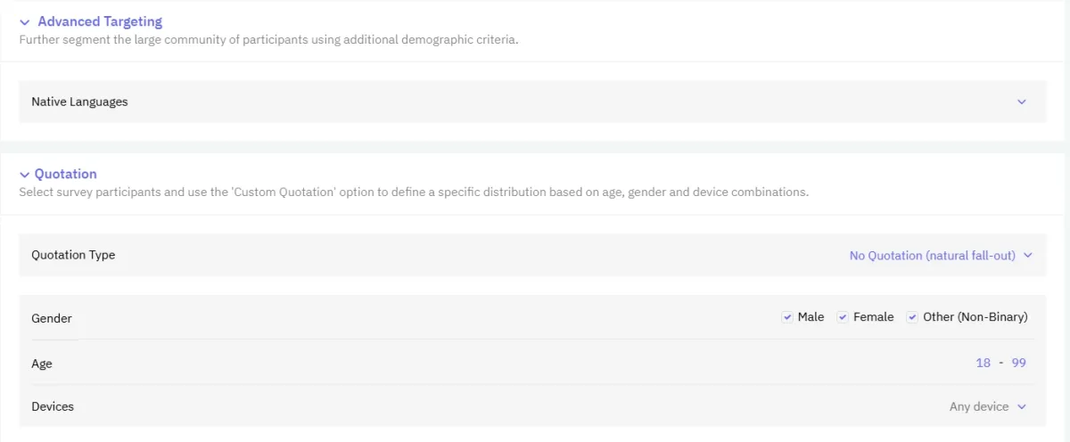 Survey participant selection dashboard of Resonio, one of the survey participant recruitment tools