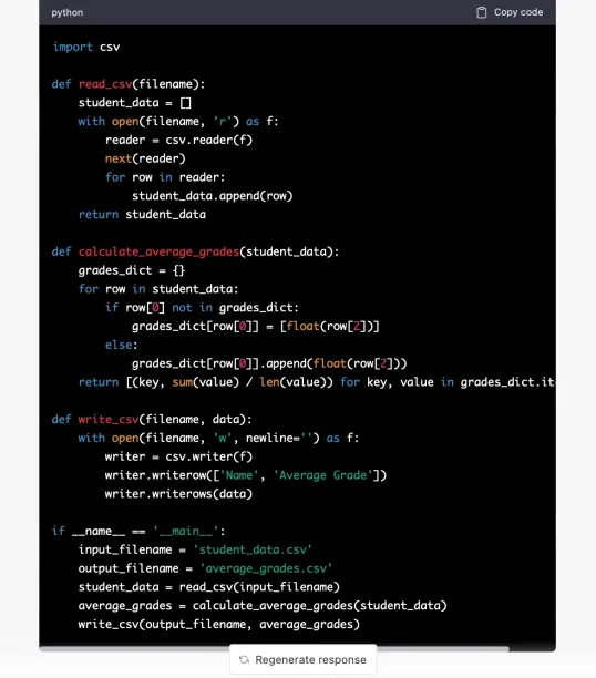 ChatGPT writing code for a comment