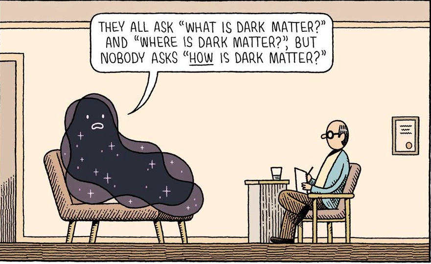 A dark matter meme showing a therapist with a black shapeless creature that we understand is the dark matter. The dark matter complains saying: they all ask what is dark matter and where is dark matter but nobody asks how is dark matter?