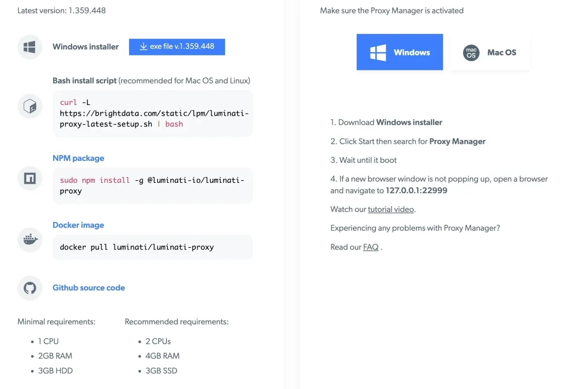 Image provides installation instructions for Bright Data's Proxy Manager.