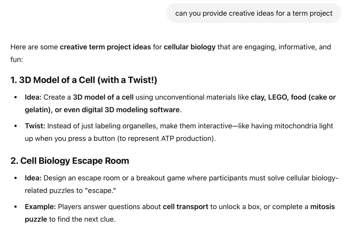 Figure 4. ChatGPT provides creative ideas for a term project: chatgpt education Figure 4. ChatGPT provides creative ideas for a term project: chatgpt education
