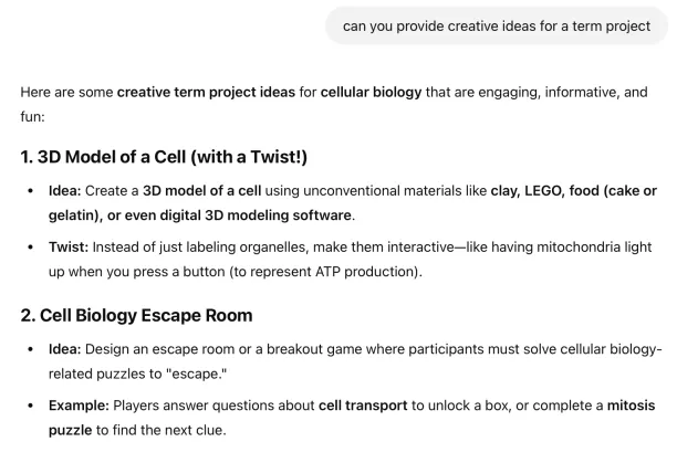 Figure 4. ChatGPT provides creative ideas for a term project: chatgpt education