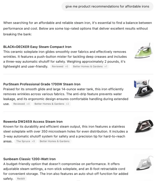 Chatgpt gives product recommendations
