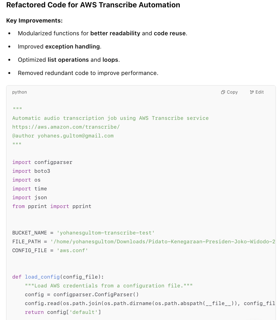 Figure 4. ChatGPT refactoring the code it provides as an example