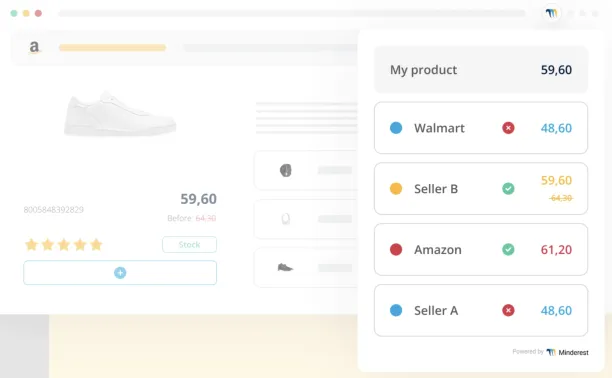 Minderest's web browser extension to compare prices, stock, and promotions.