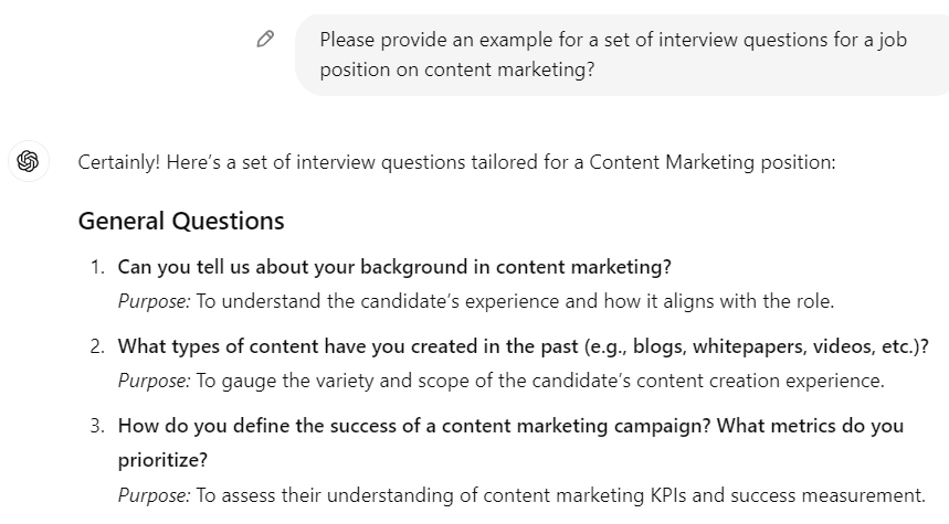 Please provide an example for a set of interview questions for a job position on content marketing? ChatGPT for Business