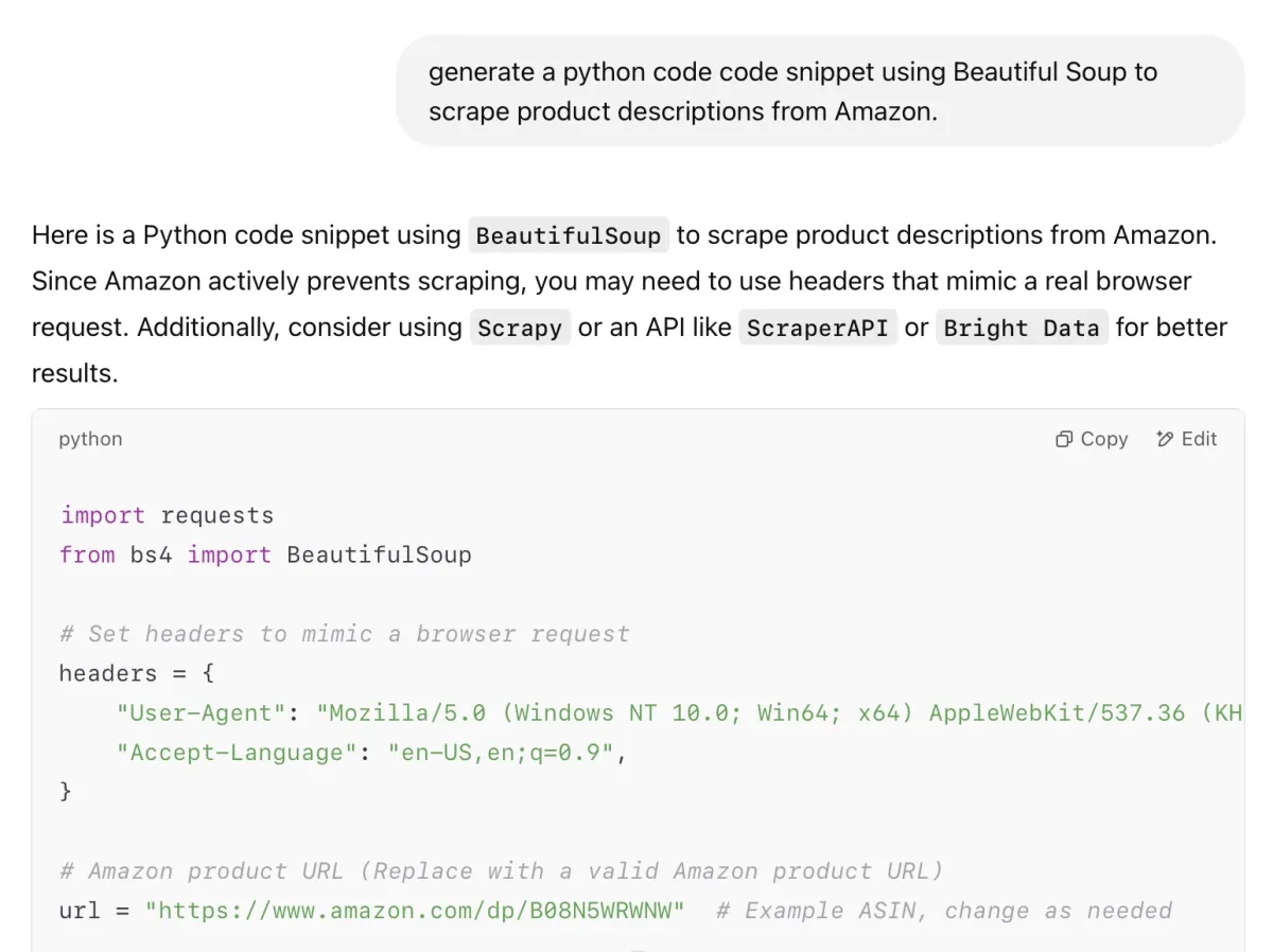 generate a python code code snippet using Beautiful Soup to scrape product descriptions from Amazon.