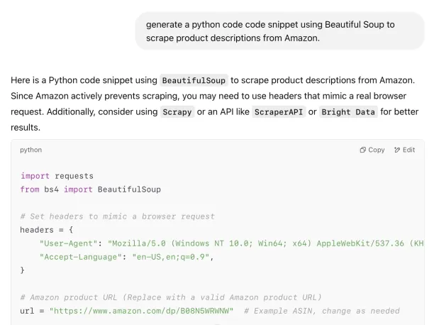 generate a python code code snippet using Beautiful Soup to scrape product descriptions from Amazon.