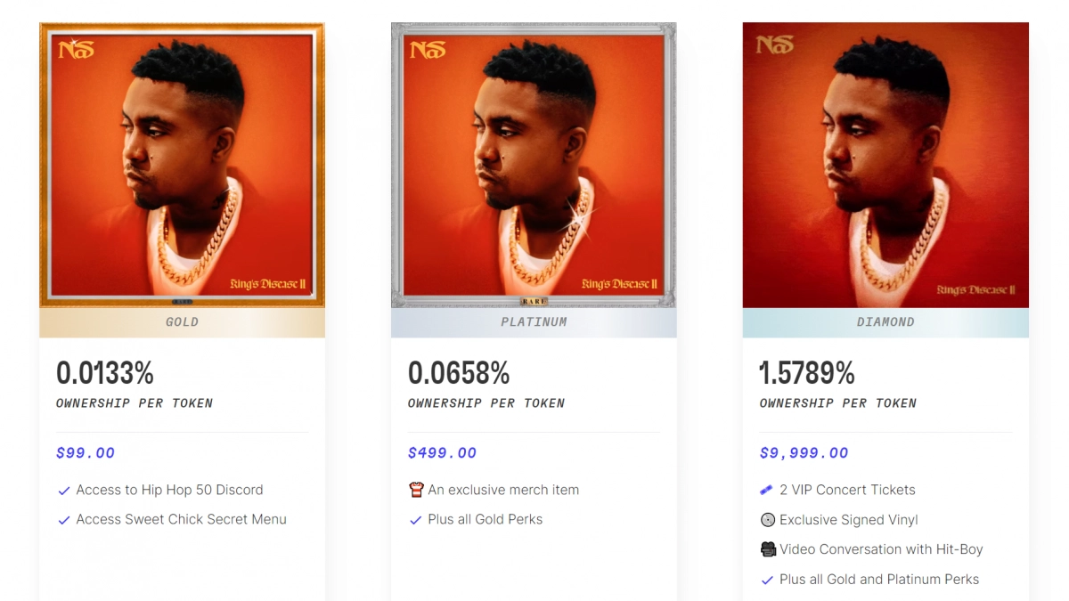 Screenshot of the UI users would expect to see while trying to purchase one of Nas' songs. One of NFT use cases has been tokenization of the songs.
