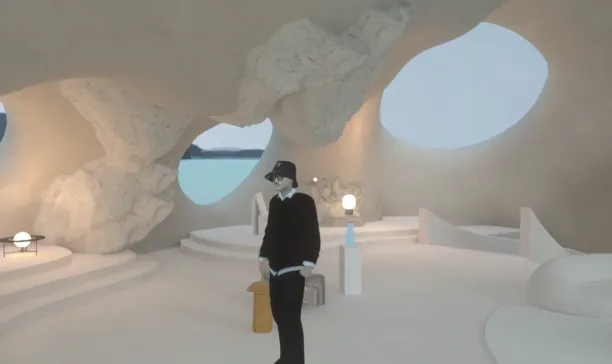Screenshot of an avatar in what appears to be a habitable ice cave on the metaverse.
