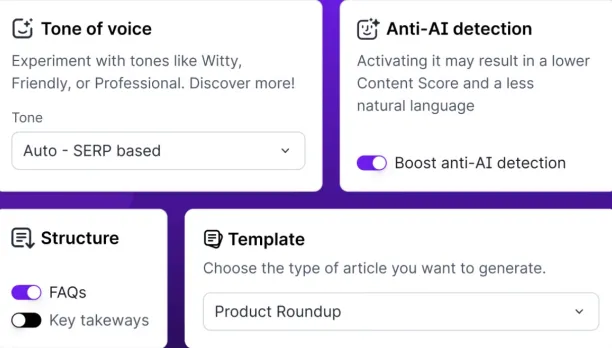 An example from SEO Copywriting Tools: SurferSEO AI article adjustment settings
