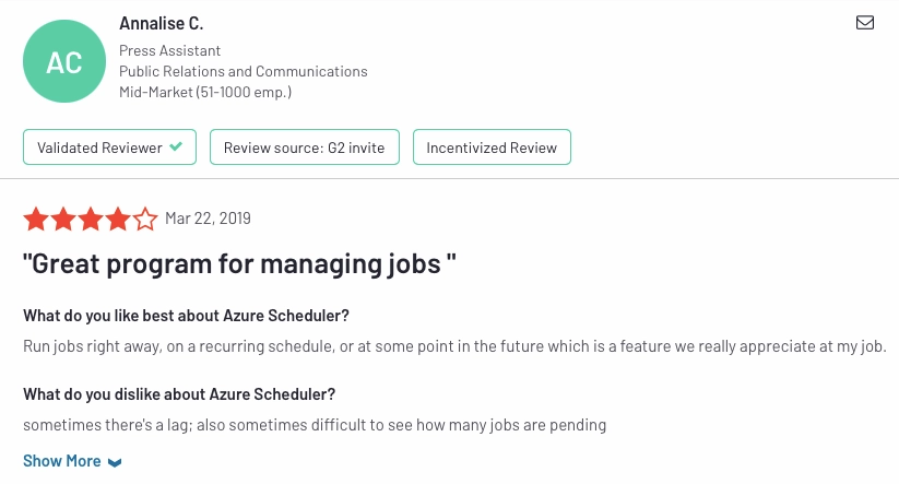 Azure scheduler software user review explaining pros and cons.