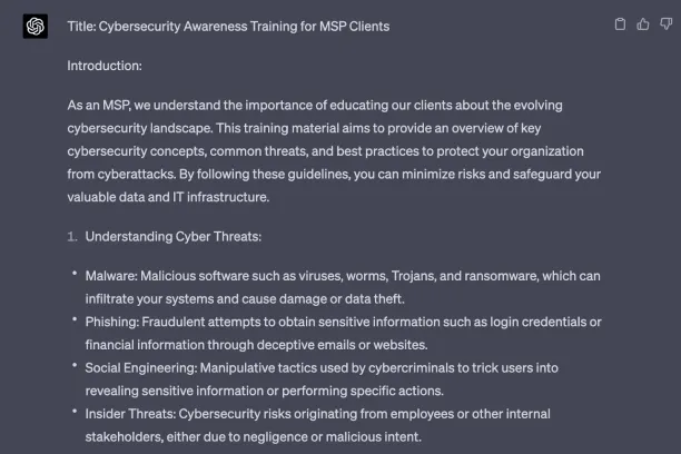 ChatGPT creating a cybersecurity awareness training guide. 