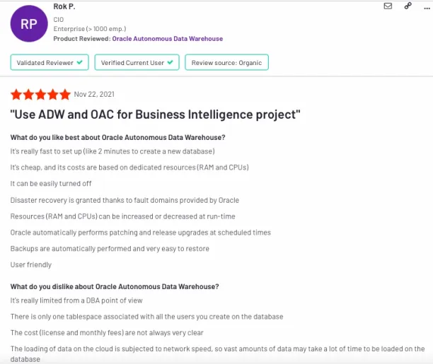 Oracle Autonomous data warehouse is a data warehouse automation software and this user review lists us its strengths and weaknesses. 