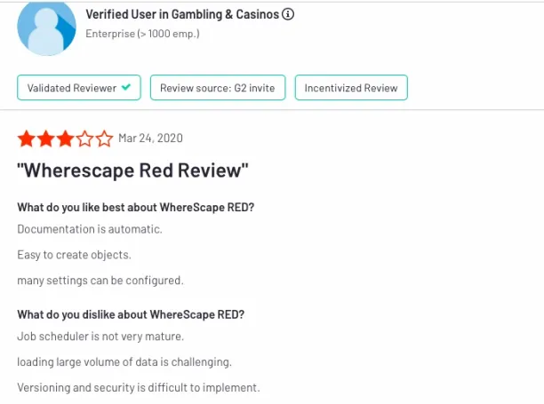 Wherescape Red is a data warehouse automation software and this user review lists us its strengths and weaknesses. 