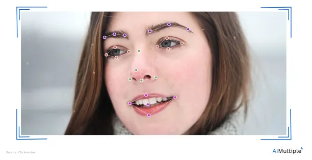 Image of a woman's face with landmarking tags on every feature of her face to show the data collection process of a facial recognition system.