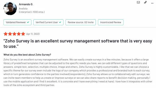 This figure shows a user review on Zoho Survey.