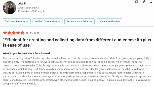This figure shows a user review on Zoho Survey.