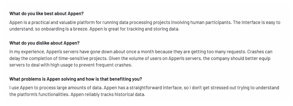 The image shows customer reviews of Appen which is one of the data collection services discussed in this article.