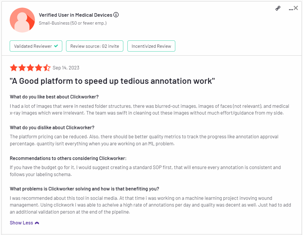 The image is a customer review regarding data annotation and prices of Clickworker, which is one of the video data collection services.