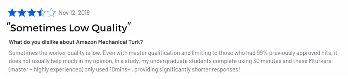 Negative review of Amazon mechanical turk regarding the low quality of its image data collection services from G2.