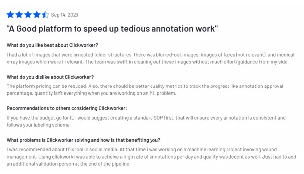Data crowdsourcing platform Clickworker's positive review on data annotation from G2.