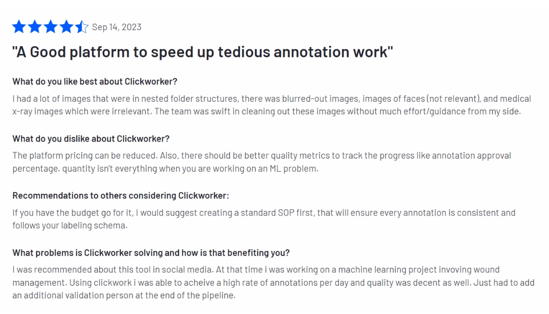 A positive review of Clickworker, which is one of the image data collection services discussed in this article, about its image data annotation offering, from G2.