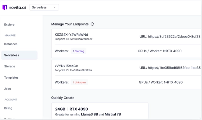 The image shows monitoring capability for Novita AI's serverless GPU system.