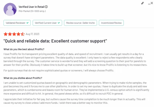 Prolific's positive and negative reviews for its speech data collection services from G2.