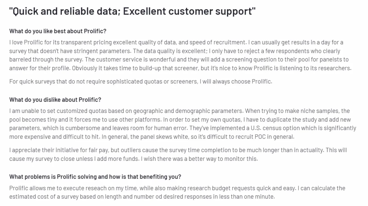 Prolific's positive and negative reviews for its image data collection services from G2.