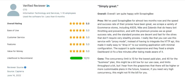 The visual shows a user review with a score of 5 that mentions ease of use, user friendly dashboard UI and proxy success rates.