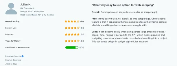 The visual contains a user review with a score of 4 mentioned the increasing costs since the price is based on API requests.