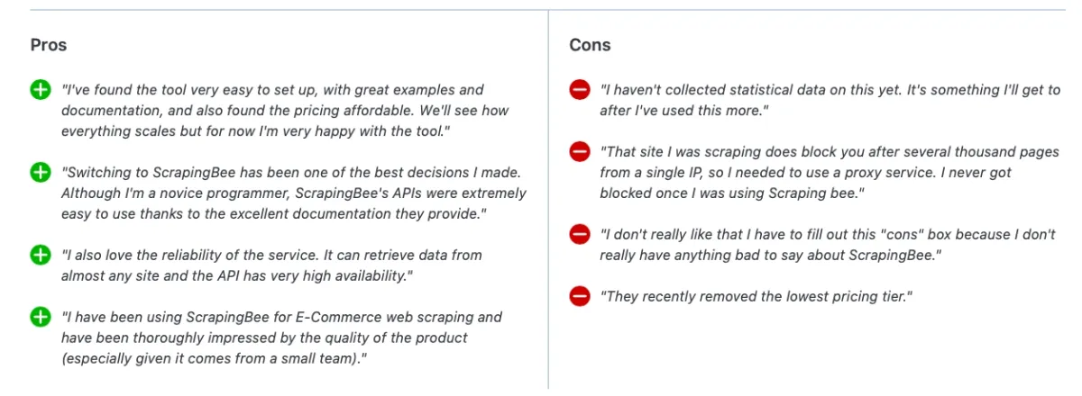 The table shows 4 pros and cons for Scraping Bee on capterra. The given pros include ease of use, speed and product quality while cons cover problems regarding pricing plan, blocking and collecting data issues.