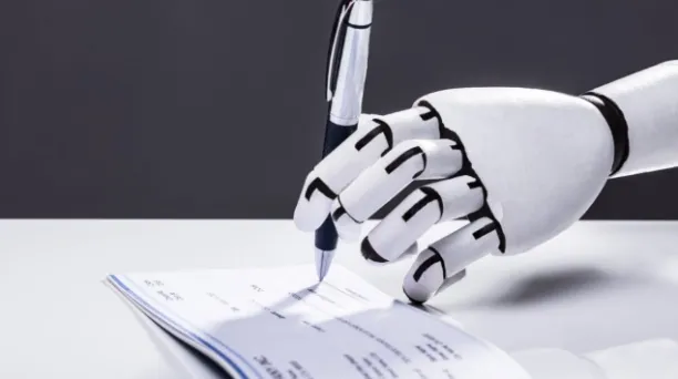 A robotic hand filling a payroll.