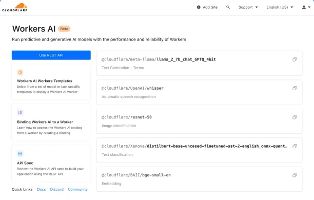 Workers AI's platform shows brief templates and option to use Rest API to benefit their serverless GPU platform to run generative AI models.