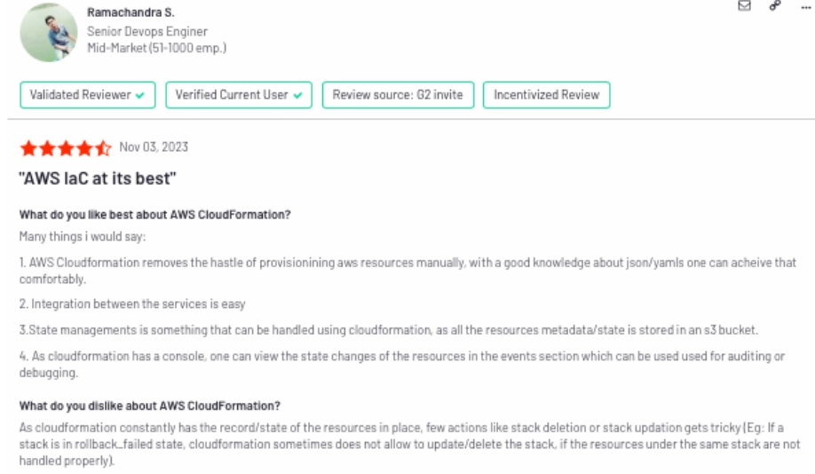 The visual is a user review for Ansible, a Cloud orchestration tool.