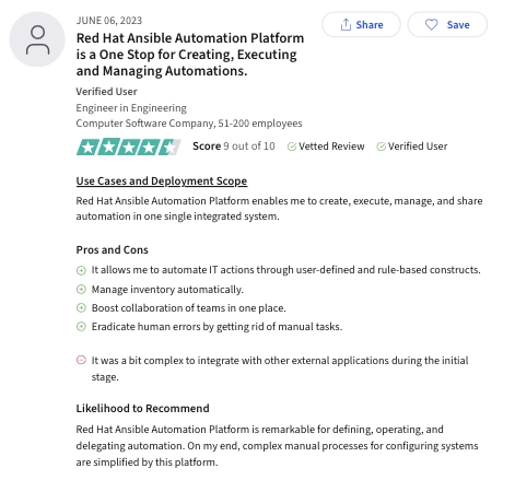 The visual is a user review for Ansible, a DevOps orchestration tool.