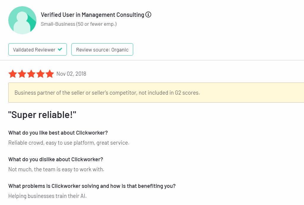 One of the Toloka AI alternatives Clickworker's positive review on reliability and ease-of-use from G2.