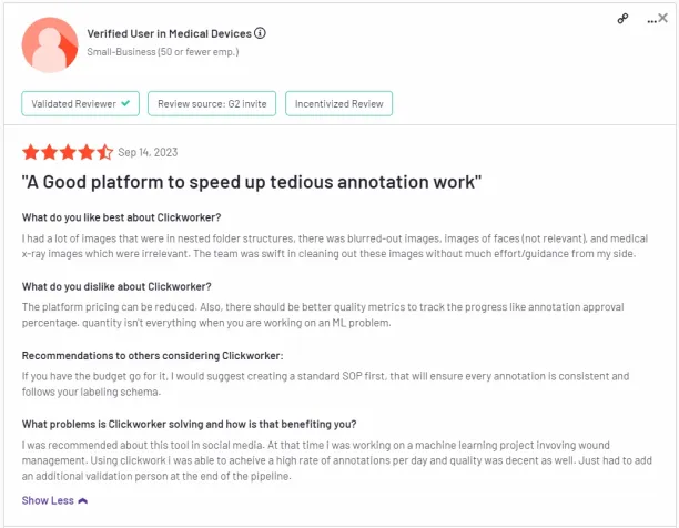 The image is a customer review regarding data annotation and prices of Clickworker, which is a Prolific alternative.