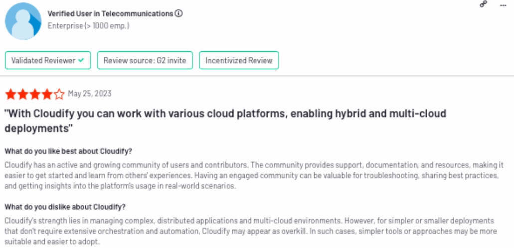 The visual is a user review for Cloudify, a Cloud orchestration tool.