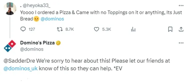 Domino’s Pizza  replies to a customer feedback on X.