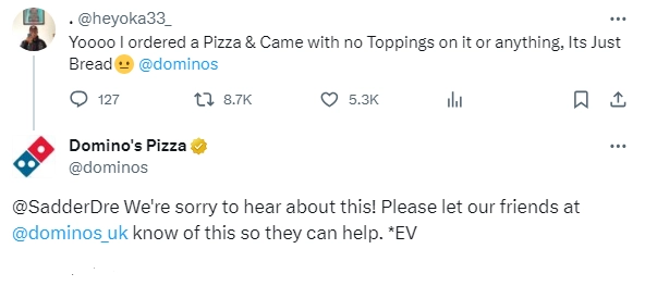 Domino’s Pizza replies to a customer feedback on X.
