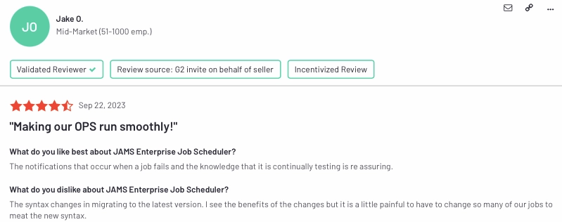 The visual is a user review for Fortra's Jams, a process orchestration tool.