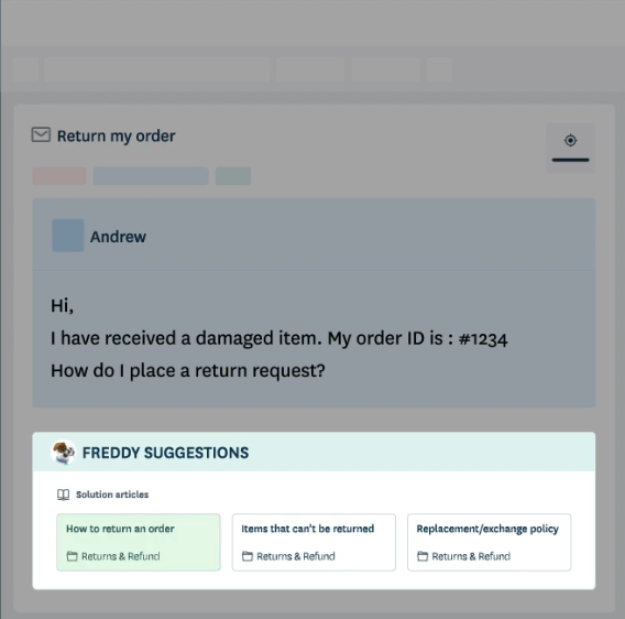Image of Freddy chatbot offering suggestions related to a customer ticket/