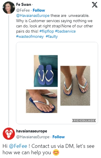 Havaianas Europe customer using hashtags to share her experience and social media customer service team relying on the tweet and sending a DM.