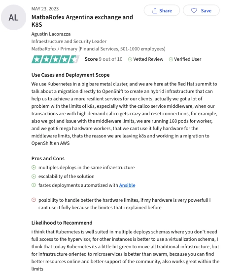 The visual is a user review for Kubernetes, a DevOps orchestration tool.