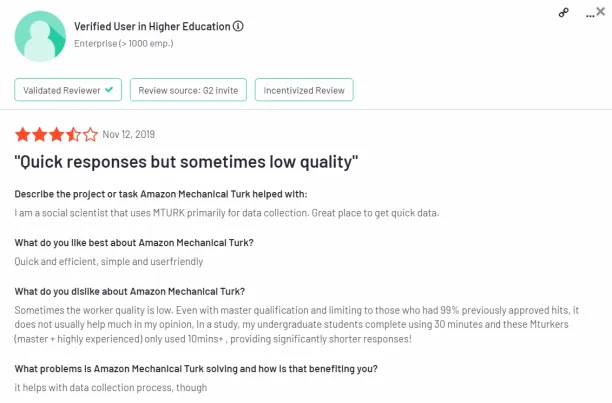 The image is a screenshot of a customer review regarding Customer of MTurk, which is a Innodata alternative.