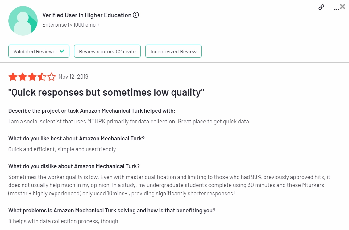 The image is a screenshot of a customer review regarding Customer of MTurk, which is a dataforce by transperfect alternative.